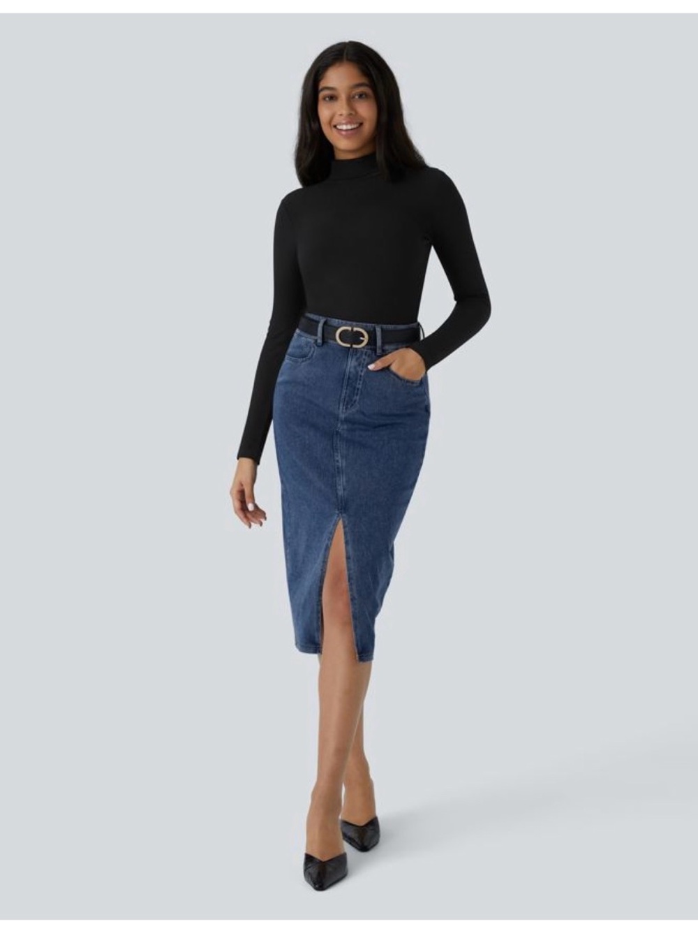 HALARA Blue Denim Midi Skirt with Front Slit
